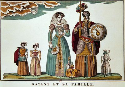 Gayant og hans familie, Imagerie de Lille (farve litho) af French School