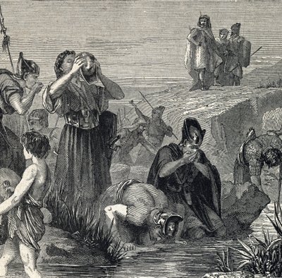 Gedeon (Gideon) kalder af Gud for at besejre madianitterne, og vælger sine soldater blandt dem, der drikker, mens de bærer vand til deres mund (Gideon eller Gedeon vælger sine soldater og holder kun dem, der løftede vandet til munden, og mens de gør det, d af French School