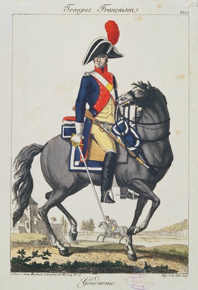 Gendarme opsat på en hest, 1807 (farvegravering) af French School