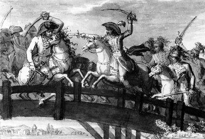 General Alexandre Dumas, Horatius Cocles i Tyrol. dræbte på egen hånd tre østrigske modstandere på Clausen-broen i 1797, ca. 1797 (gouache) af French School