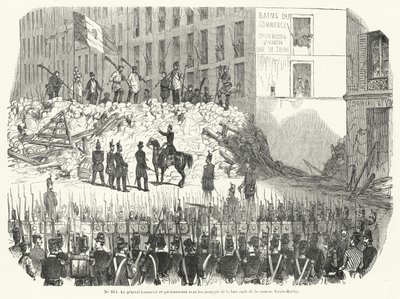 General Lamoriciere forhandler med bevæbnede arbejdere, der forsvarer deres barrikade uden for Saint Martin-kasernen, Paris, 23. juni 1848 (gravering) af French School