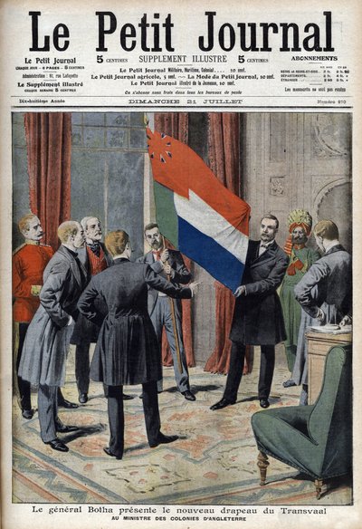 General Pieter Willem Botha (en Boer) præsenterer det nye flag for Transvaal (Sydafrika) til den engelske koloniminister Lord Elgin - I "Le Petit Journal" af 21. juli af French School