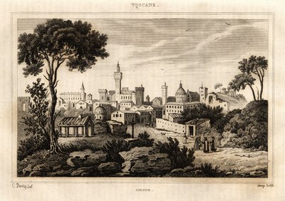 Generelt billede af Siena (Siena) i Toscana, gravering af C. Deveze i "Italien malerisk"", Amable Coste redaktør af French School