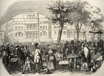 Generel visning af boulevard du Temple i Paris - gadesælgere - Paris - Generel visning af boulevard du Temple - Ambulanter for købmænd - Gravering i "Tableau-de-Paris" af Edmond Texier 1852 af French School