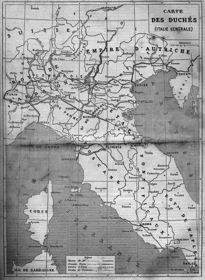 Geografisk kort over hertuginden af Centralitalien i 1860. Indgravering i "" Le Monde Illustré"" nr. 143 af 7. januar 1860. af French School