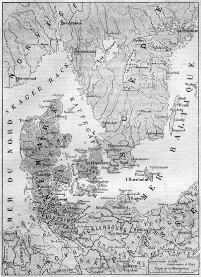 Geografisk kort over Danmark i 1861, med hertuginden af Slesvig, Holsten og Lauenburg. Indgravering i "" Le Monde Illustré"" nr. 200 af 9. februar 1861. af French School