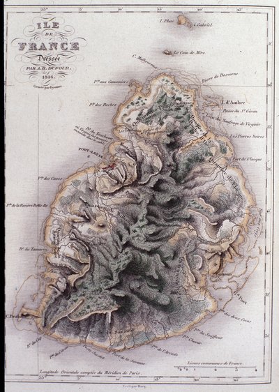 Geografisk kort over Mauritius (Anc. Ile de France) - gravering af French School