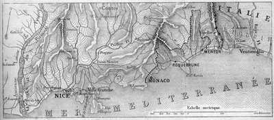 Geografisk kort over Principaute de Monaco, i 1861, før byen Roquebrune og Menton sluttede sig til Frankrig. Indgravering i "" Le Monde Illustré"" nr. 202 af 23. februar 1861. af French School