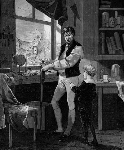 George Stephenson, britisk ingeniør (1781-1848) med sin søn. af French School
