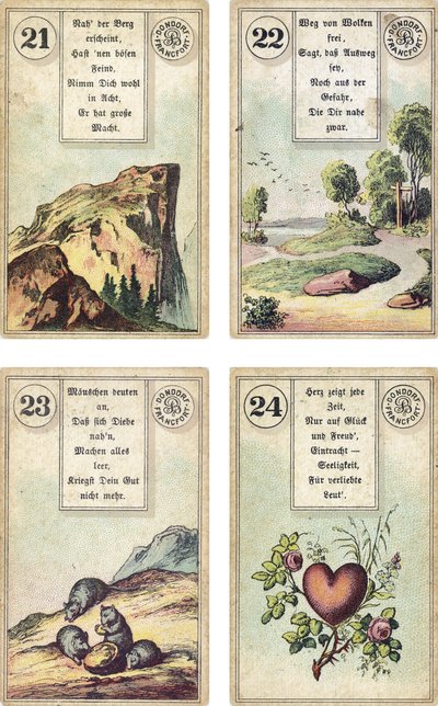 Tysk udgave af Lenormand French cartomancy deck: The Mountain, The Road, The Mice, The Heart, udgivet af Dondorf, Frankfurt, 19th Century af French School