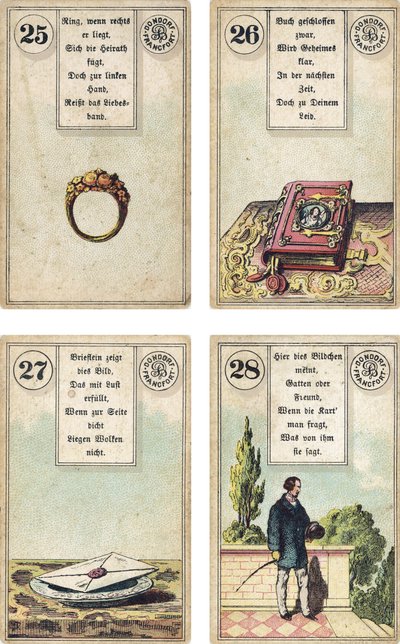 Tysk udgave af Lenormand French cartomancy dæk: The Ring, The Book, The Letter, The Gentleman, udgivet af Dondorf, Frankfurt, 19th Century af French School