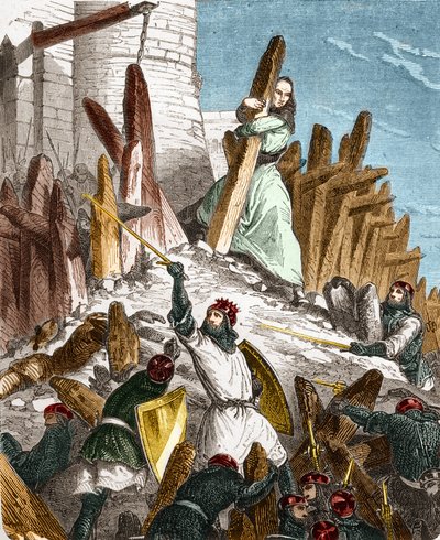Geurre mod Hugues du Puiset af Louis le Gros: Angreb på Chateau du Puiset (beliggende i departementet Eure-et-Loir) af styrkerne fra kongen af ​​Frankrig LOUIS VI le Gros i 1118. Indgravering i "Histoire De France En Et hundrede malerier af Paul Lehugeur af French School