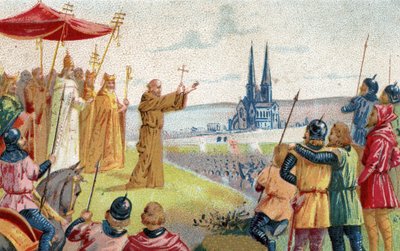 Gud vil have det! Eremitten Peter prædiker korstoget (1095 - 1099) Kromolitografi fra slutningen af det 19. århundrede. af French School