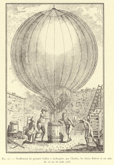 Oppustning af den første brintballon, af Charles, Robert-brødrene og en assistent, fra 23. til 26. august 1783 (gravering) af French School