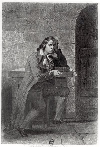 Gracchus Babeuf (1760-97) stikker sig selv (gravering) (s/h foto) af French School