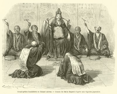 Buddhistisk ypperstepræst bliver tilbedt (gravering) af French School