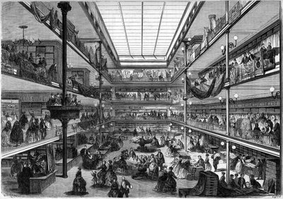 Parisiske stormagasiner; indvendig udsigt over butikkerne i byen Saint Denis, rue du Faubourg Saint Honore, Paris af French School