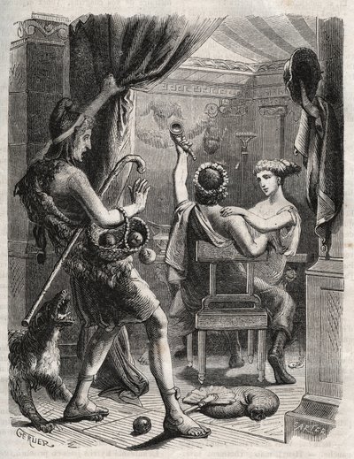 Græsk mytologi: "" Dette råb blev lavet af Paris"". Paris overrasker Helene med Peritanus. Indgravering fra 1871 i "Histoire Des Cocuses Celebres"" af Henry de Kock (1819-1892). af French School