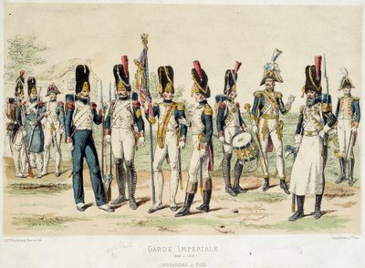 Grenadierer en fod af den kejserlige garde af Napoleon I (mellem 1804 og 1814). 1800-tals gravering. Paris, dekorativ kunst af French School
