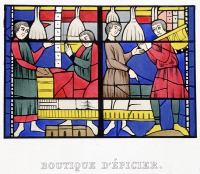 Købmandsbutik. Faksimile af et farvet glas fra middelalderen i "Histoire de la peinture sur verre"" af Ferdinand de Lasteyrie af French School