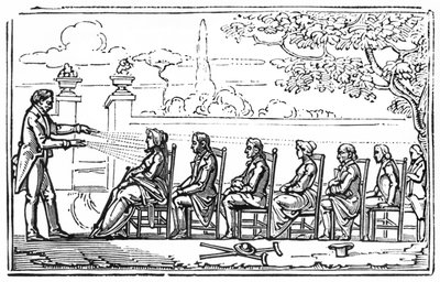 Gruppemagnetisk terapi, illustration fra Therapeutique Magnetique af Baron du Potet, 1863 af French School
