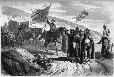 Gruppe af "Pifferari" (tiggere og gående musikere fra Italien) forlader provinsen Abbruzzo til Napoli i anledning af den hellige uge. Indgravering i "" Le Monde Illustré"" nr. 364 af 2. april af French School