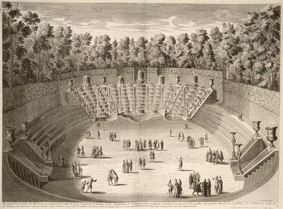 Grove of the Salle du Bal, Versailles, fra planer, profiler og højder af byerne og paladserne i Versailles, indgraveret af Lucas, udgivet ca. 1715 af French School