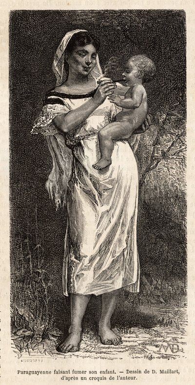 Guaranie-kvinde, der ryger cigaren til sit barn, rider på hoften, for at forsøge at formilde hendes råb, gravering efter D. Maillarts tegning, der illustrerer rejsen til Paraguay i 1872-1873, af L.Forgues, udgivet i "" Le tour du monde”” 1874, redigeret af af French School