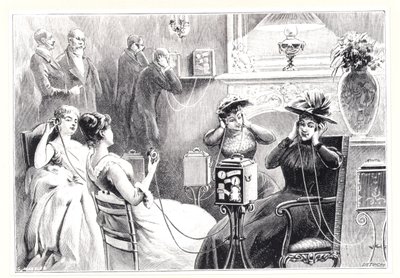Gæster på et hotel i Paris, der lytter til direkte relæer til opera- eller teaterforestillinger på Marinovichs og Szarvas Theatrophone, fra La Nature, udgivet 1892 af French School