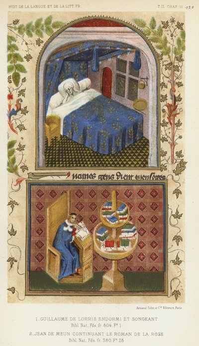 Guillaume De Lorris Sover og tænker, Jean De Meun fortsætter The Roman De La Rose (farve litho) af French School