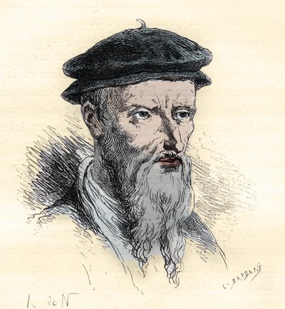 Guillaume Farel - William Farel - 1489-1565 - gravering fra "" Frankrigs historie fortalt til mine børnebørn"" - af Francois Guizot - 1872-1876 af French School