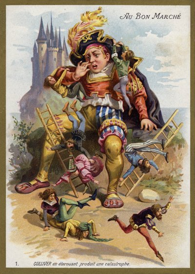 Gulliver nyser og forårsager en katastrofe (chromolitho) af French School