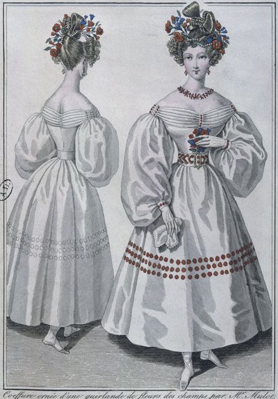 Frisure med en krans af vilde blomster, Paris, 1829 (farvegravering) af French School