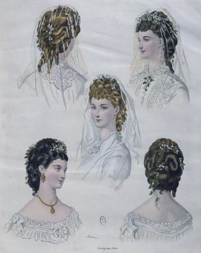 Frisurer, illustration fra La Mode illustree, 1872 (farvegravering) af French School