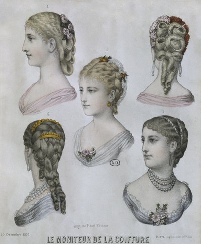 Frisurer, illustration fra Le Moniteur de la Coiffure, 10. december 1879 (farvegravering) af French School