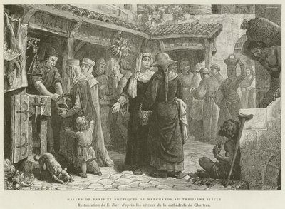 Halles De Paris og købmandsforretninger i det trettende århundrede (gravering) af French School