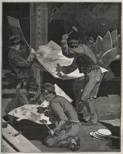 Hamring og samling af stykker af Frihedsgudinden lavet af Frederic Auguste Bartholdi (1834-1905). Indgravering fra 1880 i "" Les arts et metiers illustres"" af Adolphe BITARD. af French School