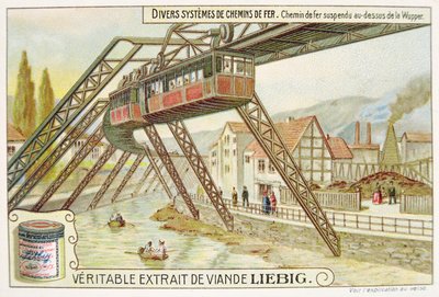 Hængende tog på Wupper-floden, salgsfremmende reklamekort for Veritable Extrait de Viande Liebig af French School