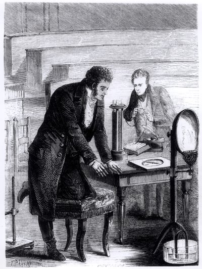 Hans Christian Ørsted (1777-1851) opdagede magnetnålens afvigelse ved lukket strøm i 1820, fra Les Merveilles de la Science af Louis Figuier (1819-94), 1867 af French School