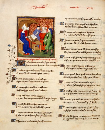 Harley 4431 bind II, f.259v Miniature af en kvinde, der læser moralske ordsprog i begyndelsen af 