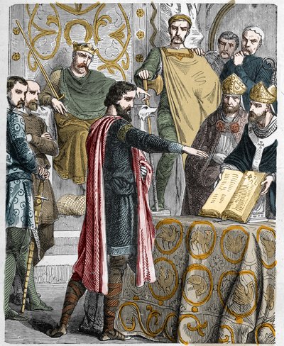 Harold II (1020-1066) sidste angelsaksiske kongekroner i 1064, svoret på de hellige relikvier før Vilhelm I Erobreren for at støtte hans sag på Englands trone ved skriftefaderen Edwards død. af French School
