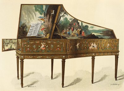 Cembalo dekoreret med grotesker, illustration fra Dictionary of Furniture and Decoration, af Henry Havard, bind I af French School