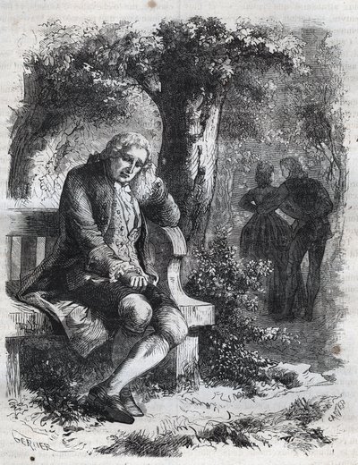 Han hørte hvisken af et kys." Den schweiziske filosof Jean Jacques (Jean-Jacques) Rousseau (1712-1778) overrasker sin kammerat Marie-Therese (Marie Therese) Le Vasseur (Levasseur) (1721-1801) i fuldt utroskab. Stik fra 1871 i “Histoire Des Cocuses af French School