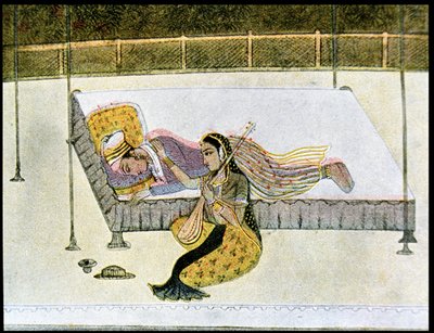 Han er intet uden musik, illustration til The Arabian Nights, 1895 (farvegravering) af French School