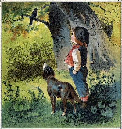 Henri observerer en solsort på en gren i skoven og vender tilbage til sit liv, hvis han var en fugl. Kromolitografi fra "" Childhood Scenes"" udg. Guerin - Muller omkring 1885. af French School