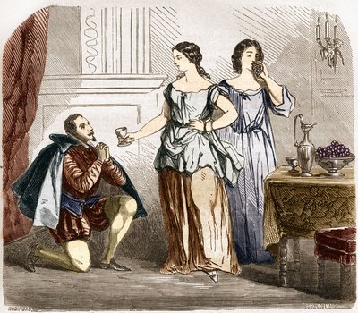 Henrik IV (1553-1610), konge af Frankrig, der betjenes af halvnøgne kvinder. Indstik i "Prostitutionens og udskejelsens historie blandt alle verdens folkeslag fra oldtiden til i dag" af Dr. Th. -F. Debray. 1879. af French School