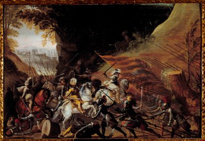 Henrik IV (1589-1610) laster i spidsen for sit kavaleri. Anonymt fransk maleri fra det 17. århundrede. Olie på træ. Mål: 0,35 X 0,52 m. Pau, Musee Du Chateau af French School