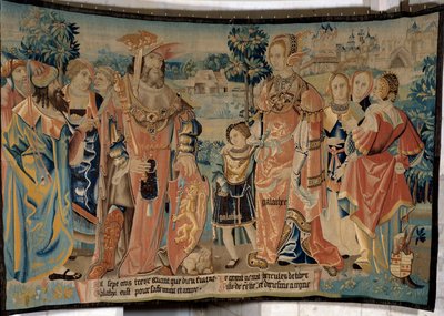 Hercules af Libyen med sin kone Galathee og hans søn Galathes omgivet af deres hoffolk foran byen Alexia i 1713 f.Kr. Tapetet af "The fabulous history of the Gaules"" lavet af Arras værksted. 1530 Beauvais, afdelingsmuseum for th af French School