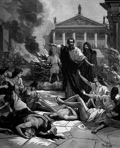 Hippokrates (på græsk Hippokrates) Græsk læge (460 til 380 f.Kr.) ankommer til Athen decima pesten ved at tænde store bål. af French School
