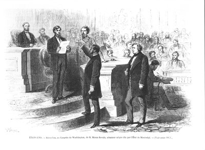 Hiram Revels, den første sorte senator i staten Mississippi, der bliver svoret ind i Washington-kongressen af French School